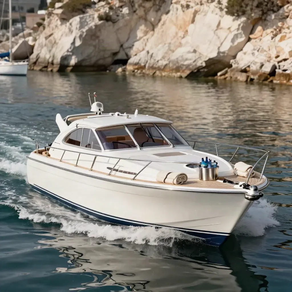 Motobarca elegante lascia il porto con scia, asciugamani e acqua a bordo lungo una falesia chiara.