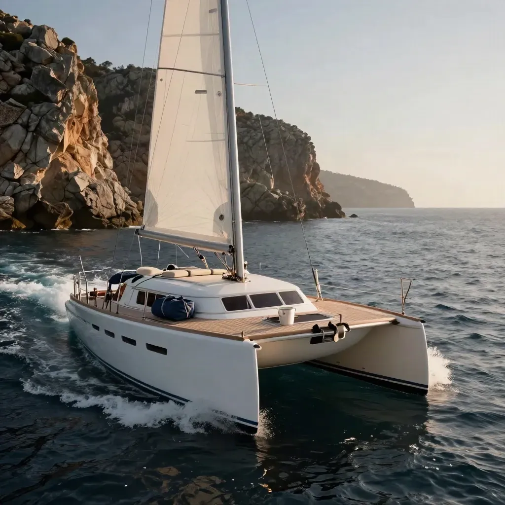 Catamarano bianco in navigazione davanti a una costa rocciosa, con scia lunga e luce radente.