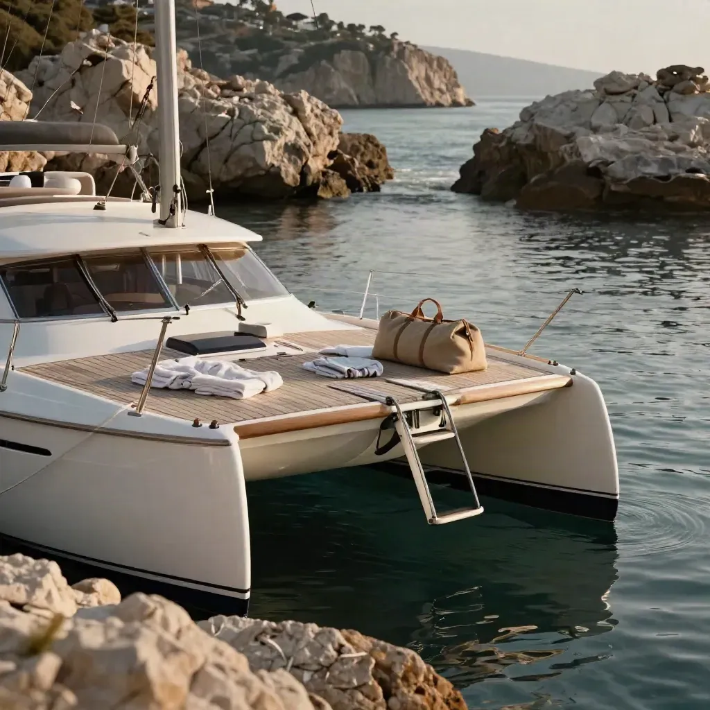 Catamarano familiare fermo in una cala tranquilla, con teli chiari e scala bagno abbassata.