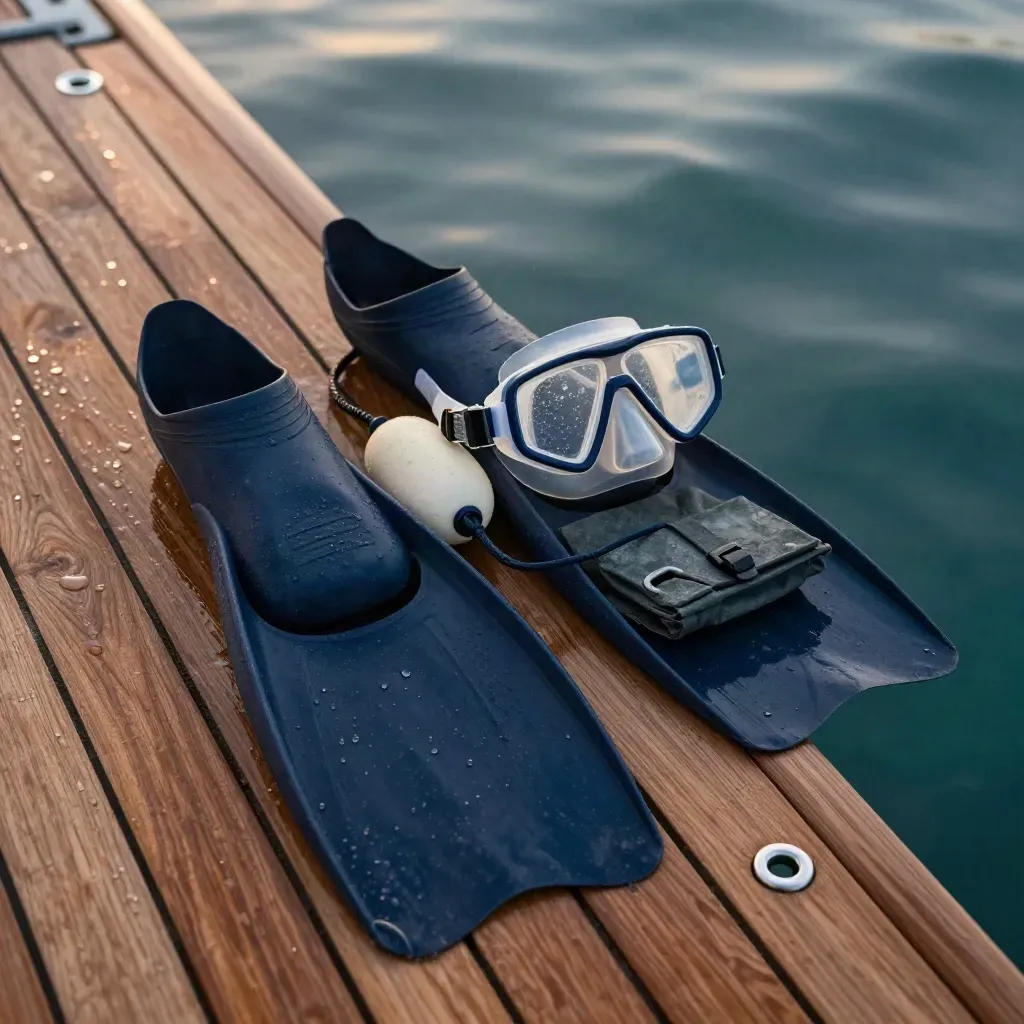 Pinne, maschere, sacche stagne e boa pronti su una piattaforma bagno con mare calmo.