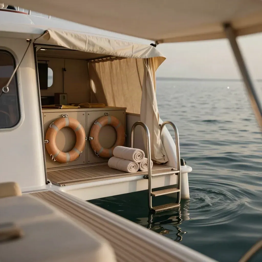 Catamarano con teli arrotolati, salvagenti e scaletta pronta in rada calma.
