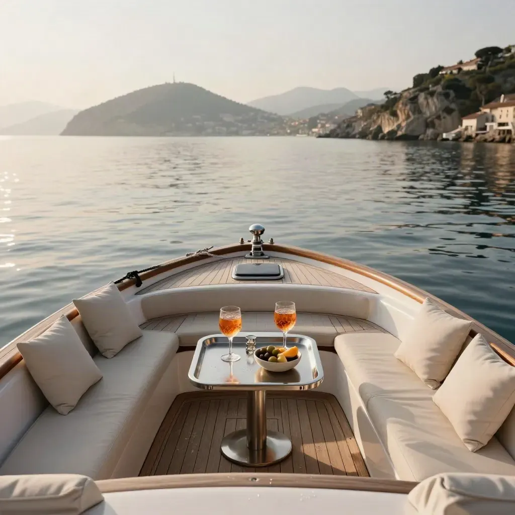 Gommone privato ancorato a La Maddalena con aperitivo a bordo e mare calmo.