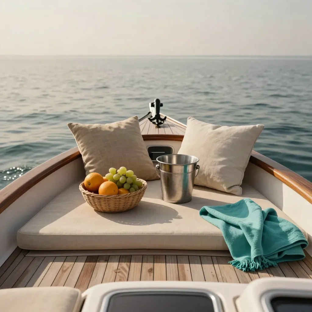 Barca privata all’ancora con cuscini, frutta, ghiaccio e coperta turchese sul mare calmo