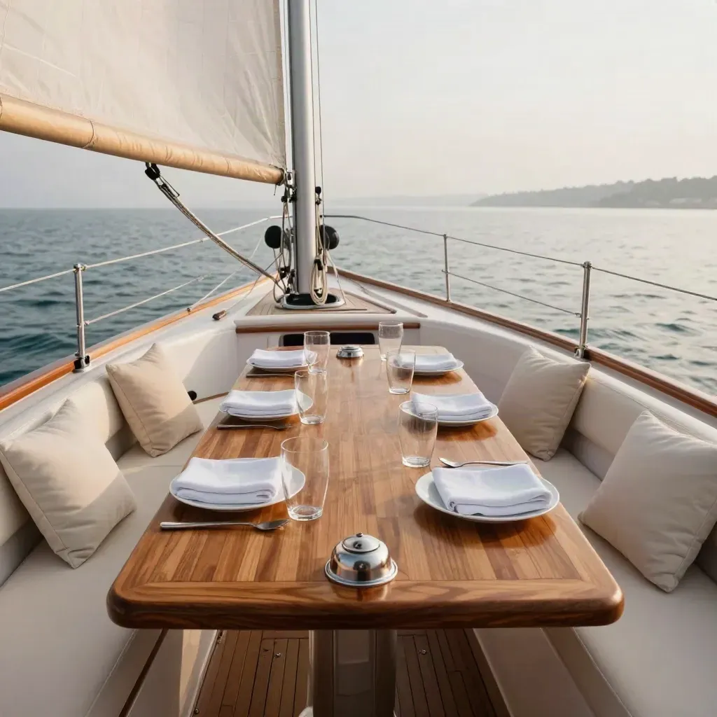 Yacht a vela privato con tavolo in teak preparato per pranzo, all’ancora nel mare calmo.