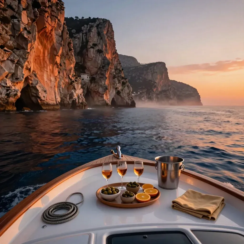 Barca tour al tramonto sotto le falesie di Tropea con aperitivo pronto e scia calma.