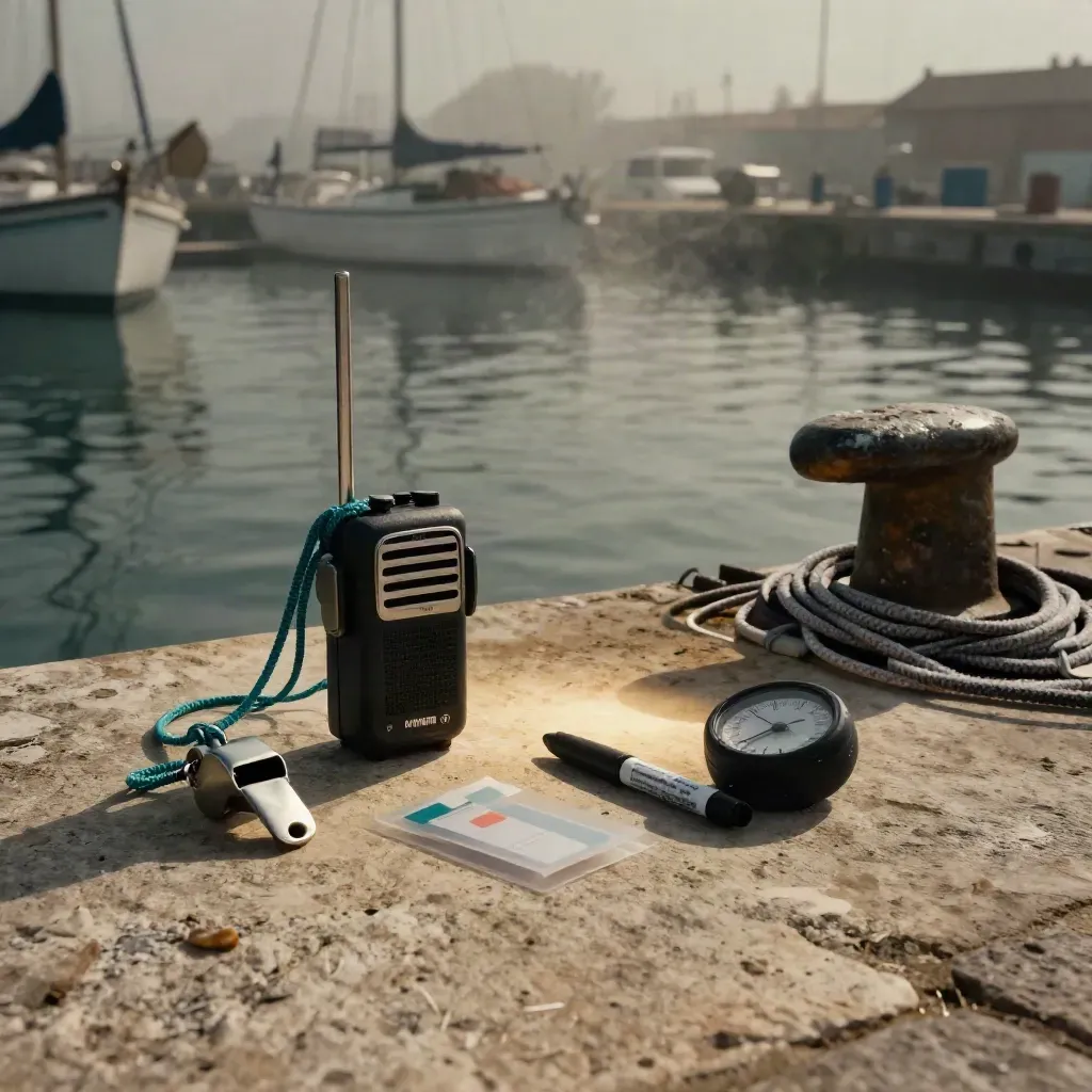 Kit nautico con radio marina, fischietto, etichette impermeabili e timer su molo