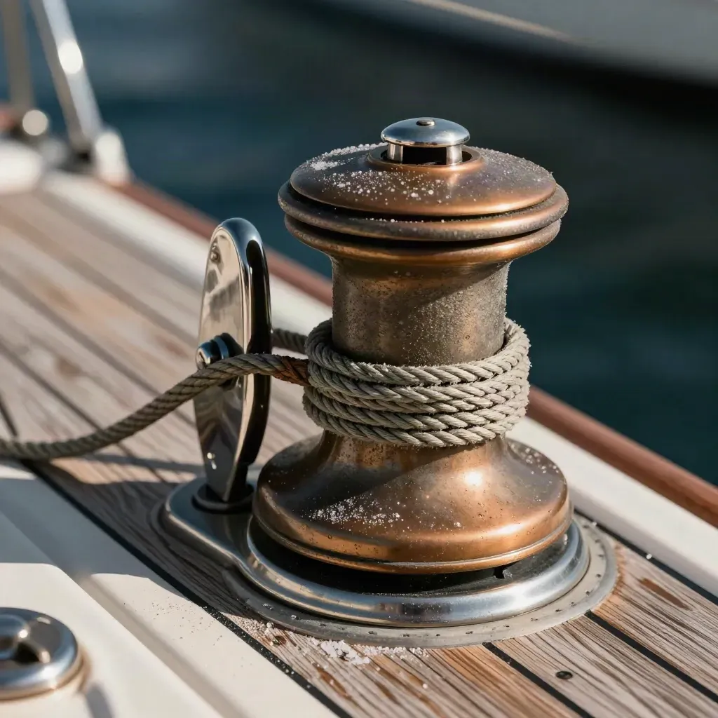 Verricello in bronzo, cima intrecciata e teak consumato dalla salsedine, in luce radente.