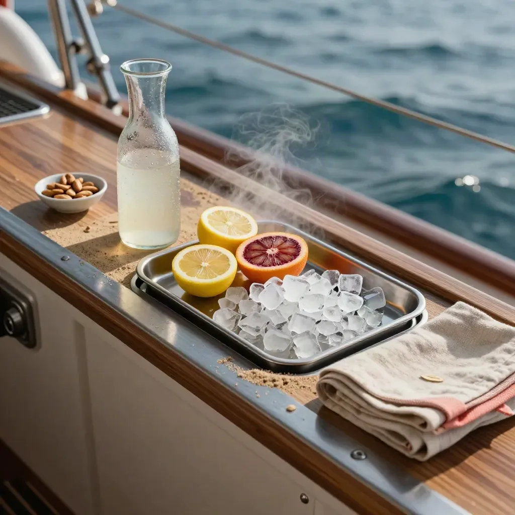 Aperitivo di bordo con caraffa fredda, agrumi e ghiaccio su banco in teak.