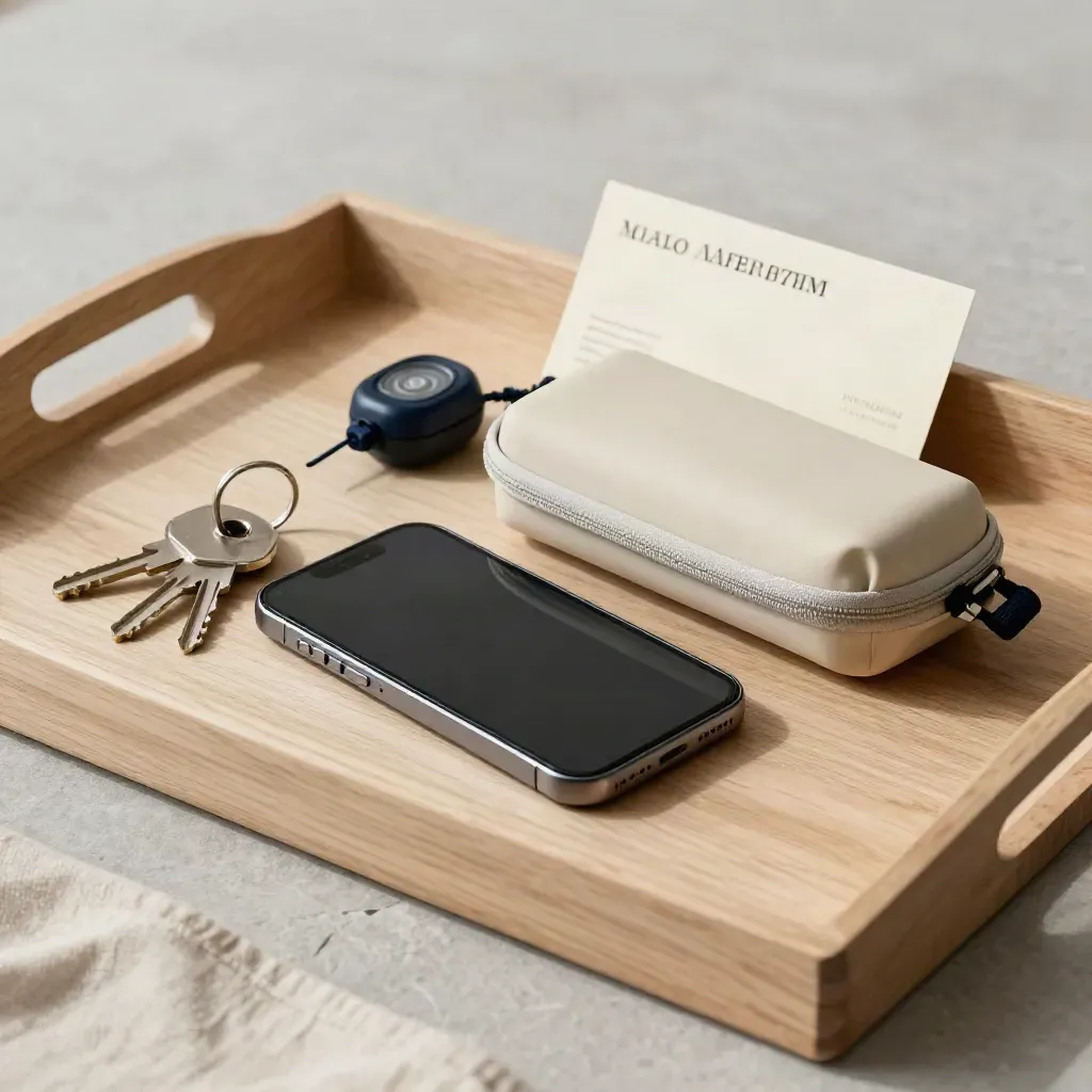 Chiavi della barca, smartphone spento, custodia impermeabile e segnalatore su vassoio in legno.