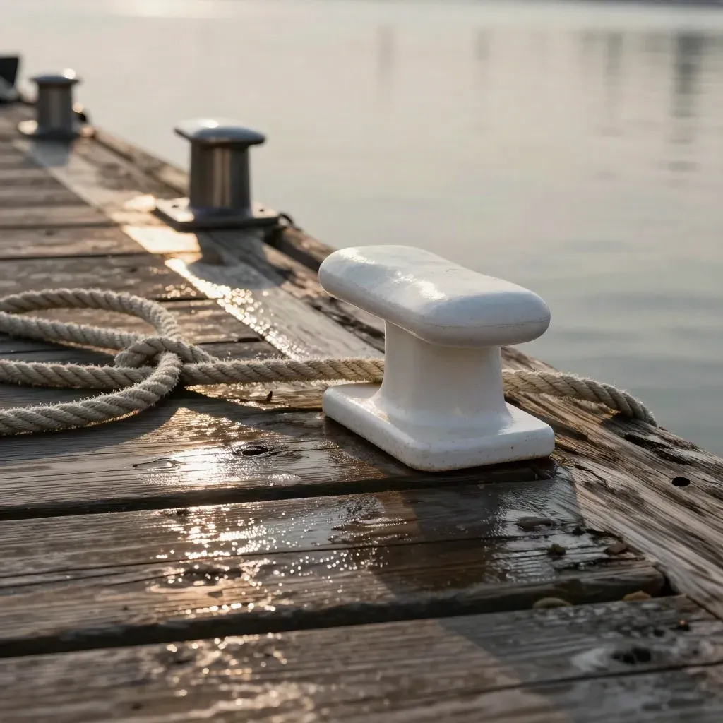 Parabordo bianco, cima d’ormeggio e bitte su pontile di legno umido, in luce marina soffusa.