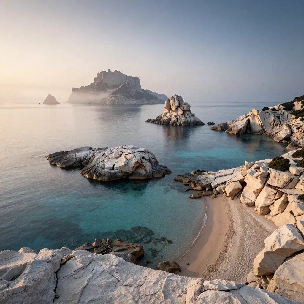Arcipelago della Sardegna Nord all’alba, mare turchese e isole nella foschia.