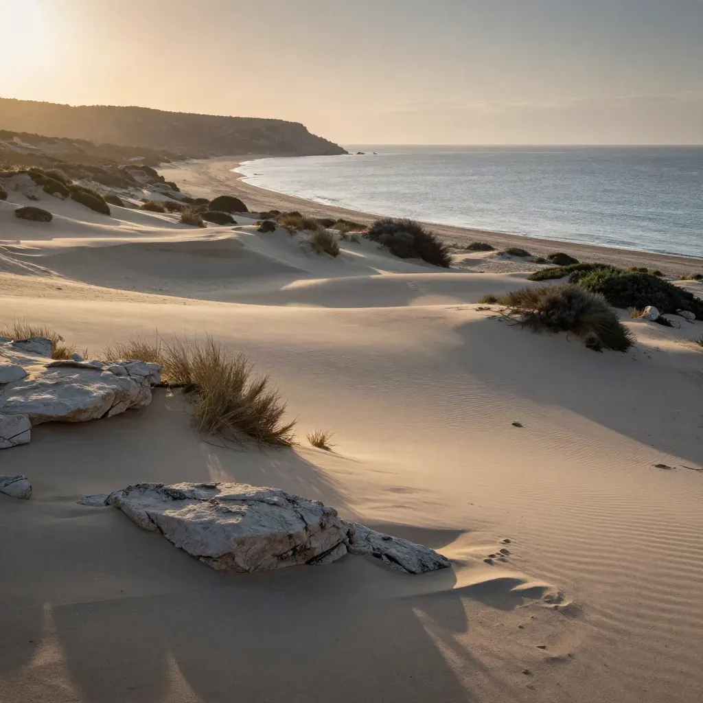 Dune chiare e mare aperto della Sardegna Sud al tramonto, con costa alta e foschia calda.