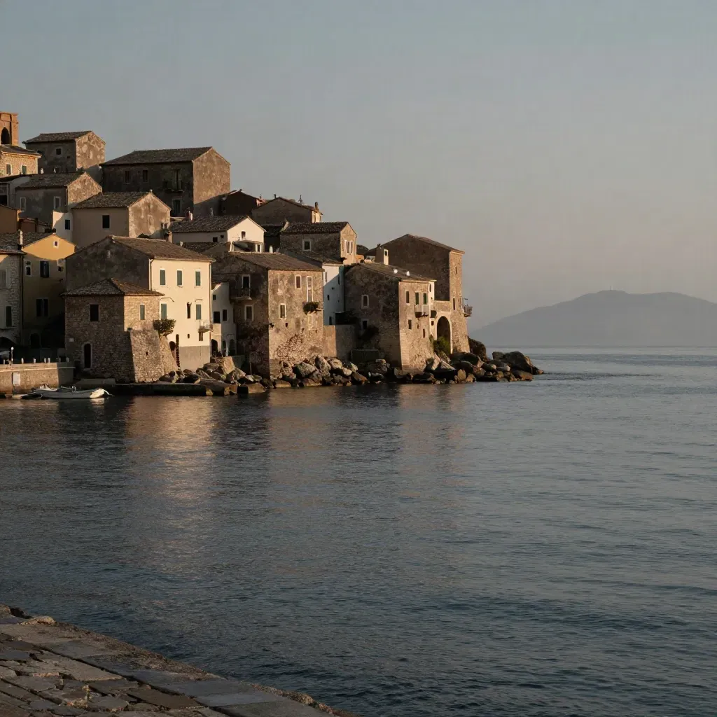 Borgo costiero toscano sul mare, porto quieto e Isola d’Elba all’orizzonte.