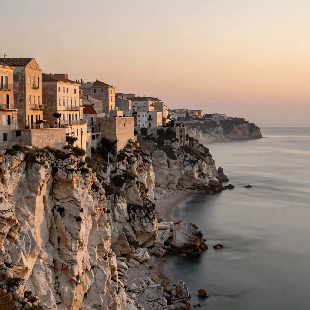 Coste chiare della Sicilia nord al tramonto con città alta e mare in foschia
