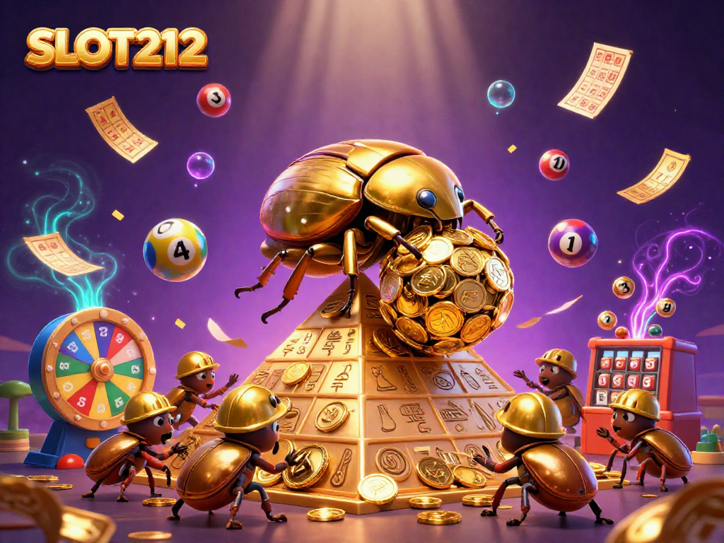 Engage with exciting SLOT212 ventures as golden coins cascade in a vibrant casino-themed illustration.