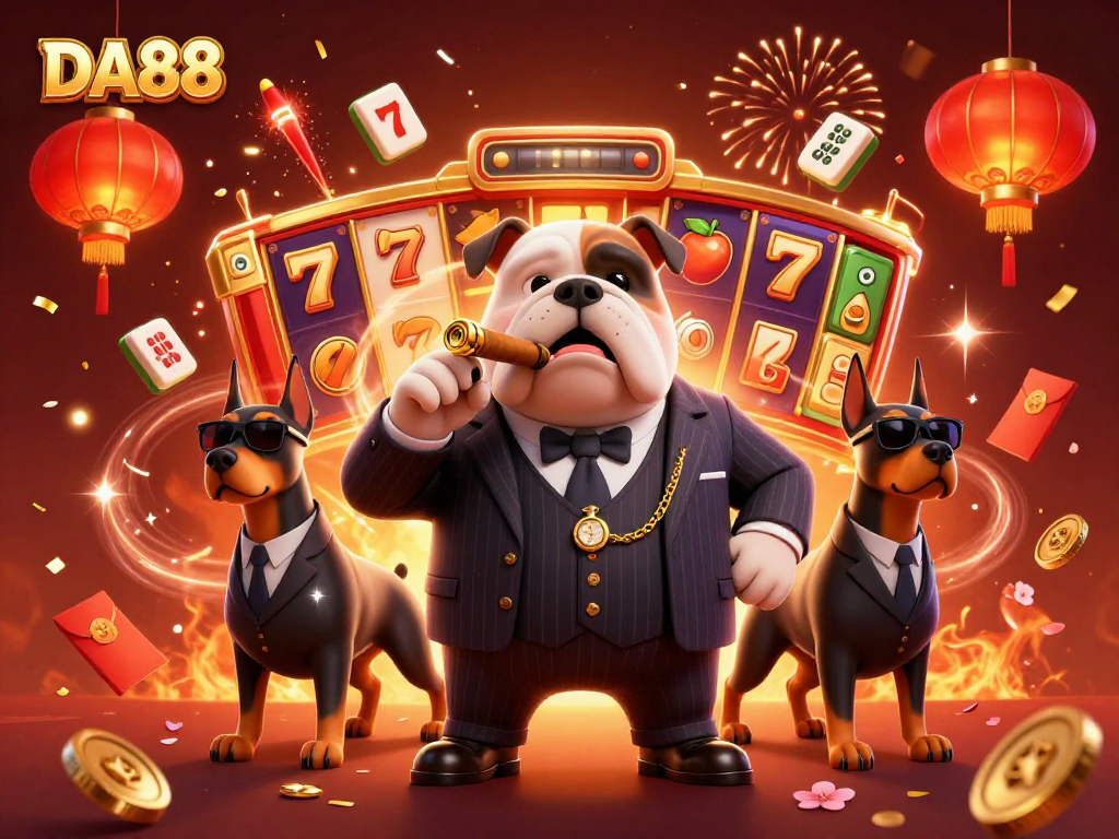 DA88 casino illustration featuring a mafia bulldog and slot reels, creating excitement for players