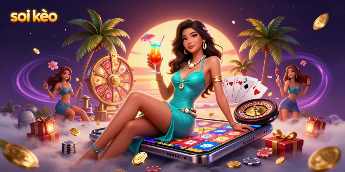 Soi kèo betting analysis imagery showcasing a glamorous scene with vibrant casino elements and tropical vibes.