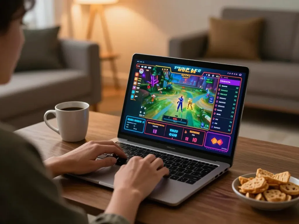 Engaging in F168 online casino betting on a laptop with snacks nearby, showcasing a warm and inviting atmosphere