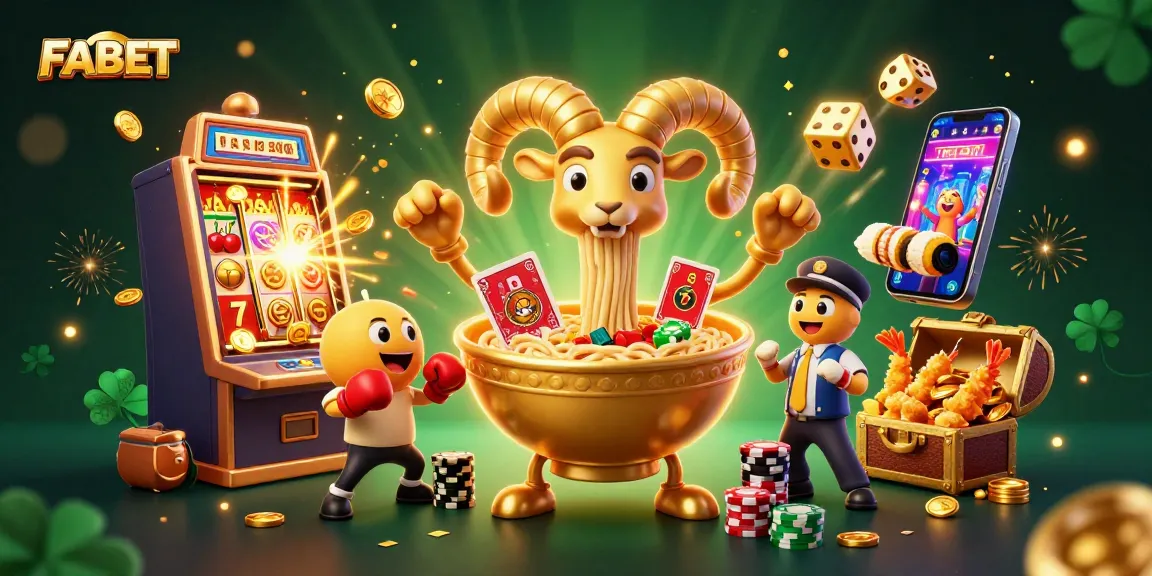 FABET casino illustration showcasing a golden ramen bowl dealer and slot machine jackpot excitement.