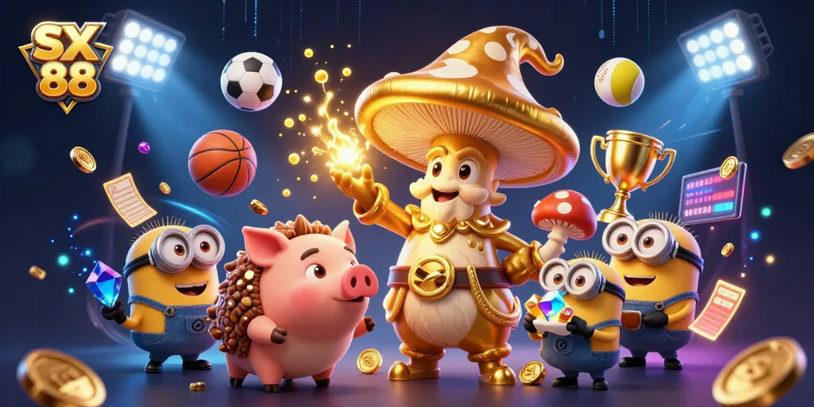SX 88 brings excitement as a golden mushroom wizard transforms everything to gold amidst dynamic sports elements.