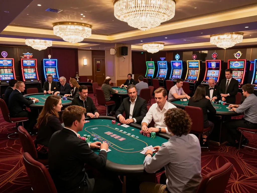 Players at dn88 com poker tables enjoy strategic gameplay amidst a vibrant casino atmosphere.