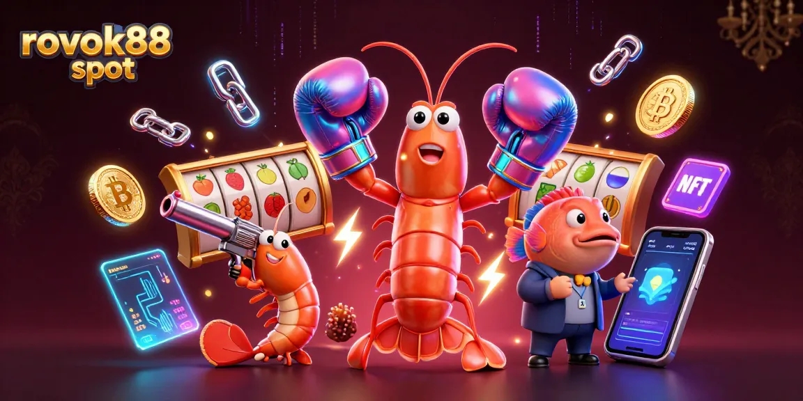 The rokok88 slot showcases 3D cartoon mantis shrimp and vibrant slot reels in an electrifying casino scene.