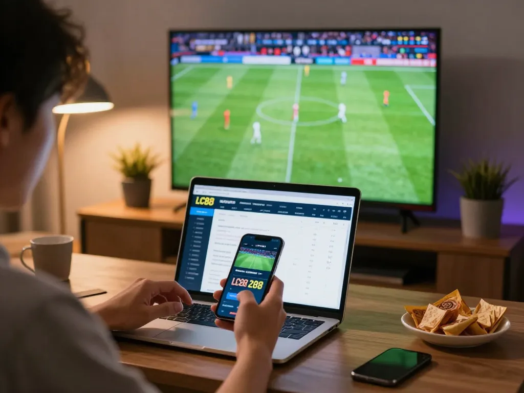 Experience thrilling sports betting on LC88 with a smartphone at home, capturing action and excitement.