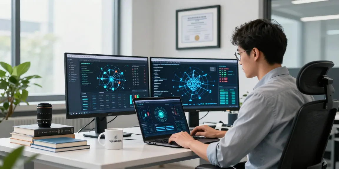 CyberSmart IT professional analyzing cybersecurity data in a modern office.