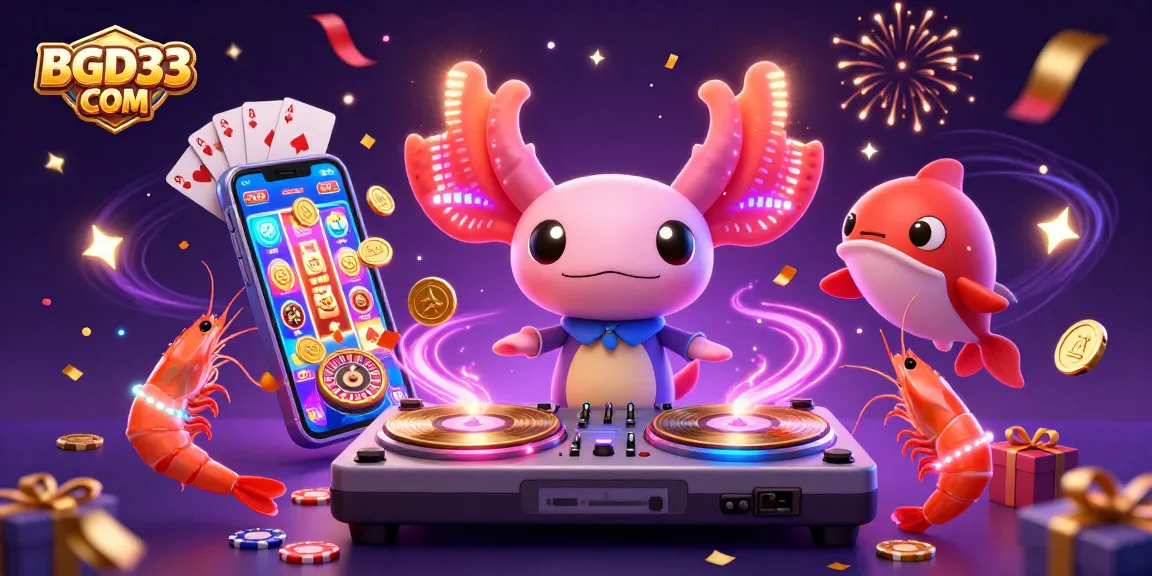 Experience vibrant gaming at BGD33 COM featuring a neon axolotl DJ, dynamic shrimp dancers, and slot games.