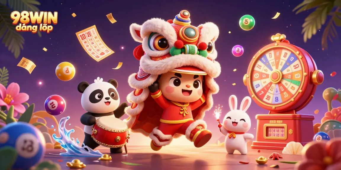 Experience 98WIN đăng nhập, engaging in thrilling lottery gaming with vibrant 3D characters and dynamic elements.