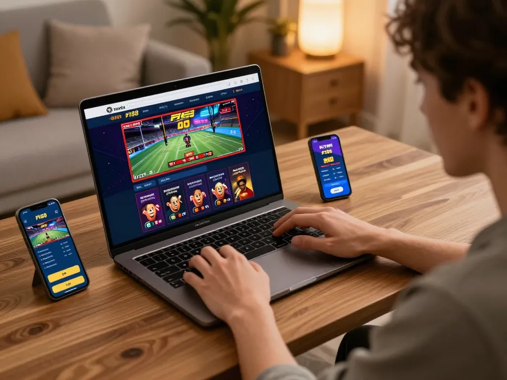 Engaging gameplay on trang chủ F168 while betting from home setting with laptop and smartphone