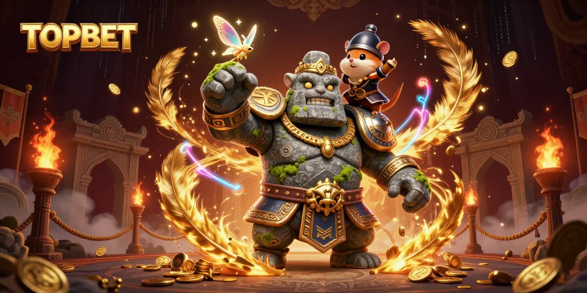 TOPBET's dynamic casino scene featuring a stone golem, tiny fairy, and hamster knight amidst magical betting elements.