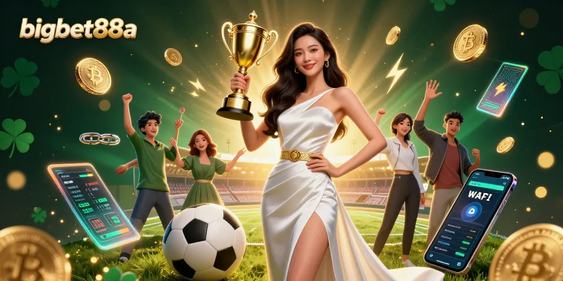 Engage in thrilling sports betting with bigbet88a while celebrating victory in a dynamic 3D illustration.