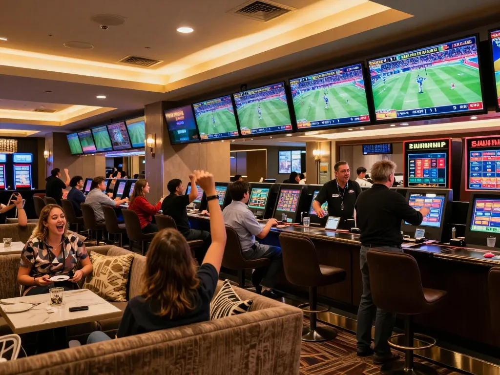 Sports betting excitement at SV368 VN lounge with patrons placing bets and cheering.