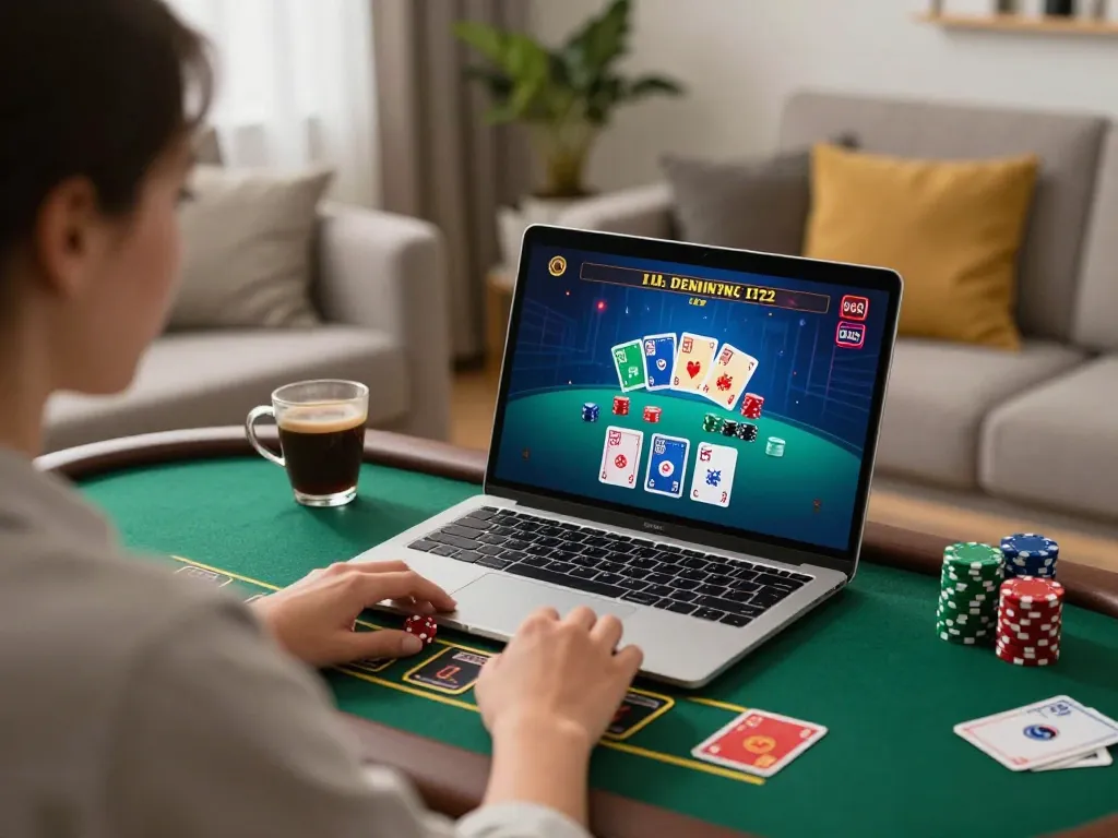 Engaging in strategic blackjack gameplay at GO8's online casino from a cozy home setup.