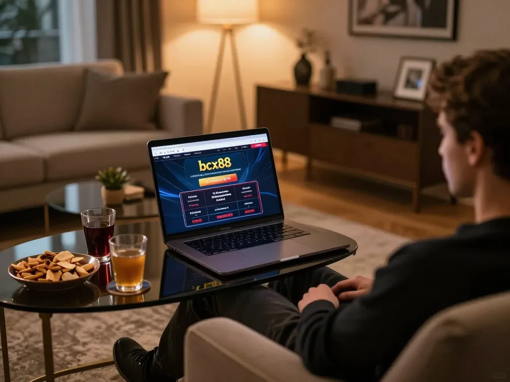 Engaged player using bcx88 casino site on laptop in a cozy living room setting.