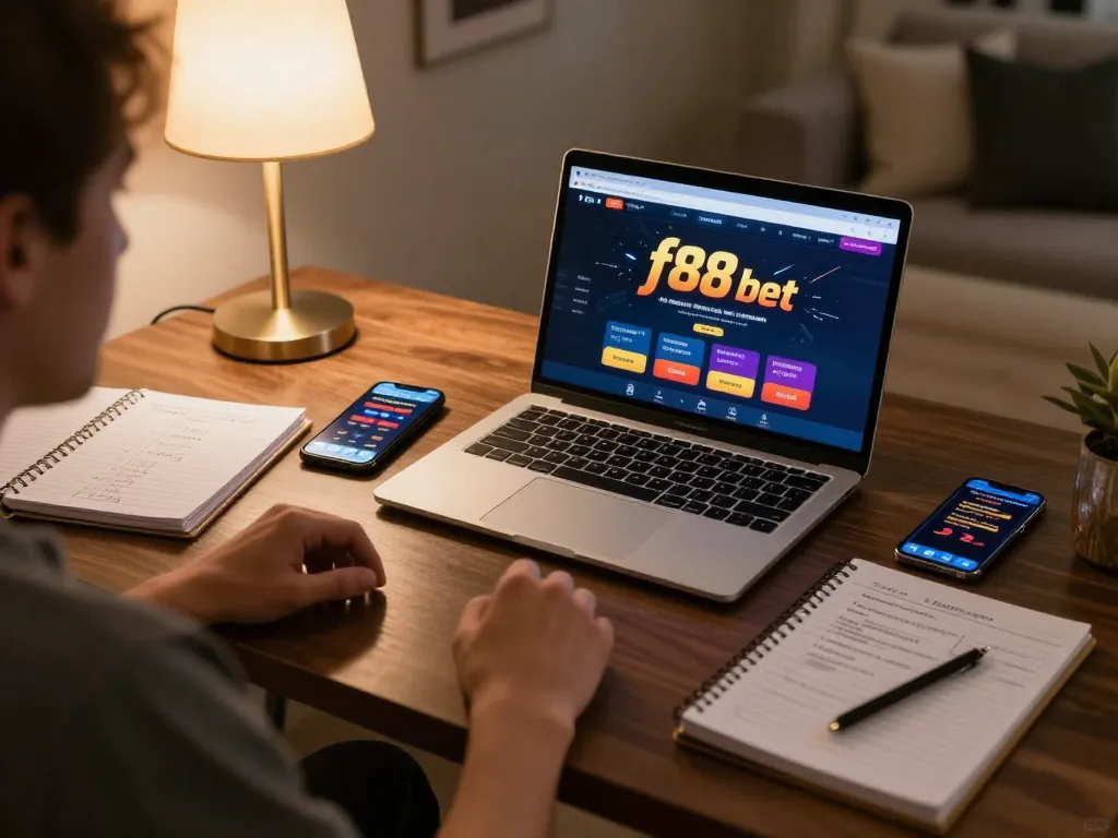 Players engaging with f88 bet app on sleek home gaming setup, reflecting strategic online gambling.