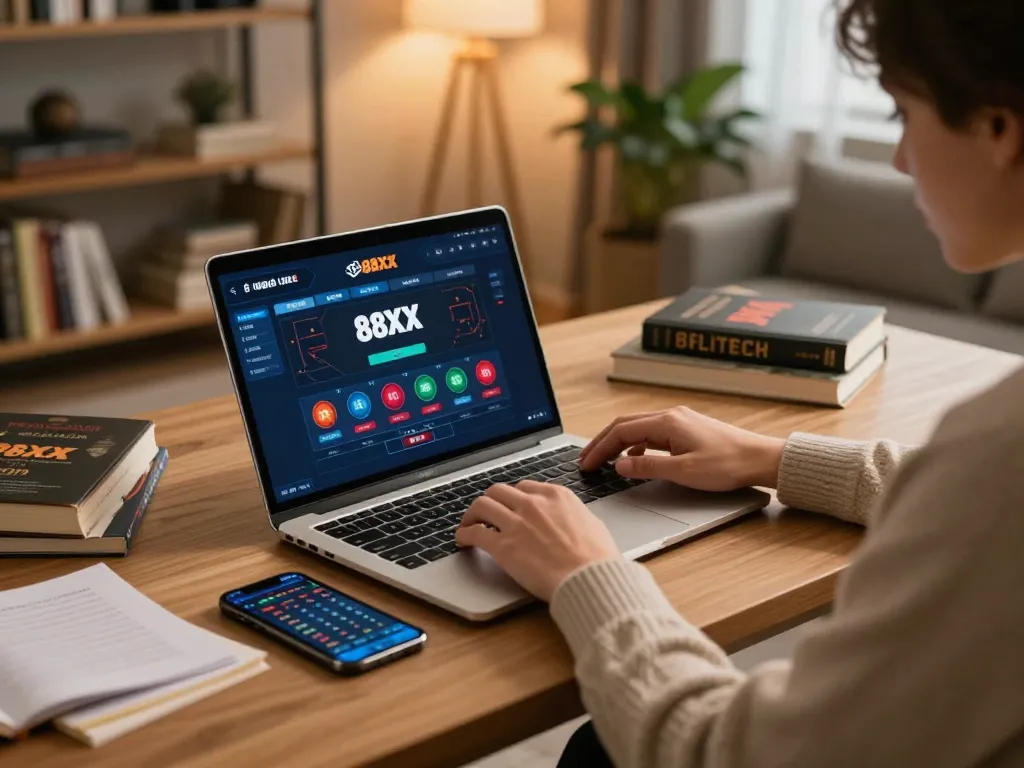 Person engaging with nhà cái 88XX gaming platform on laptop, creating a relaxed and strategic online gambling atmosphere.