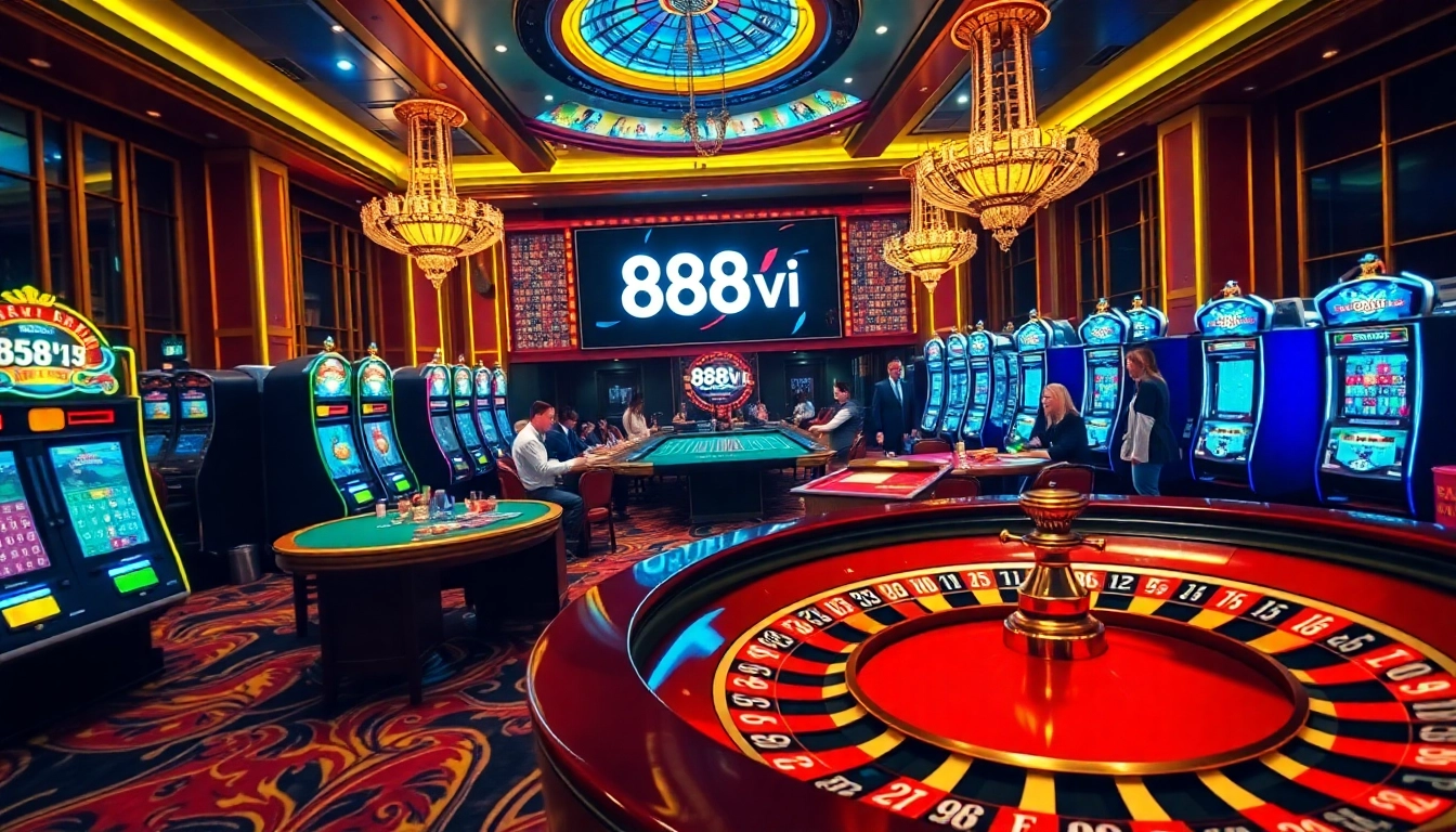Experience the thrilling excitement of 888vi with vibrant casino tables and slot machines.