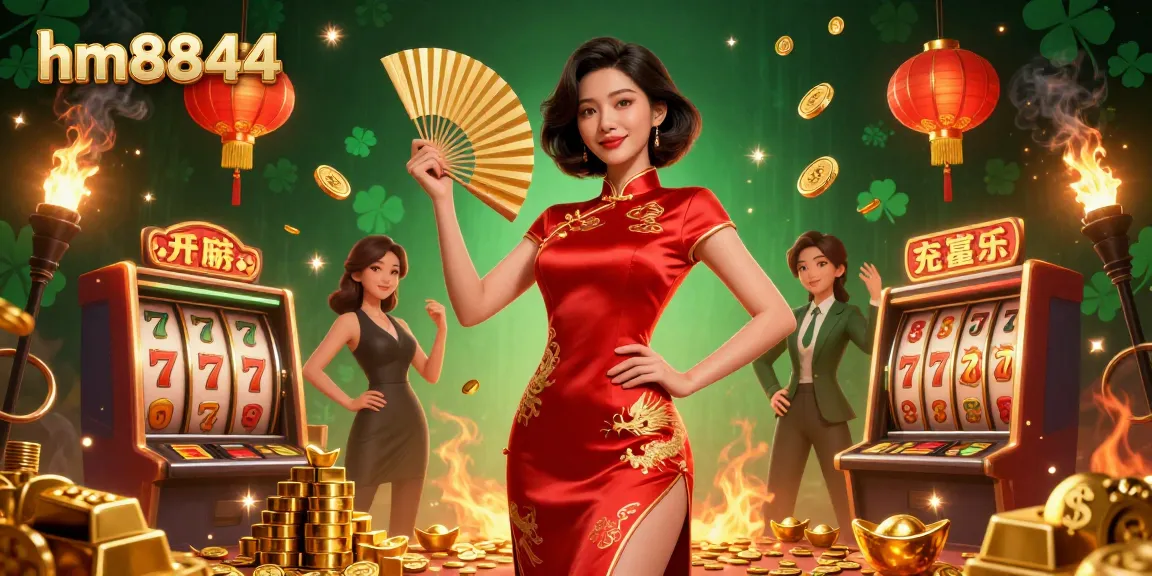 Spin the reels with hm8844 as a beautiful Asian woman idealizes game-winning strategies in a captivating casino scene.