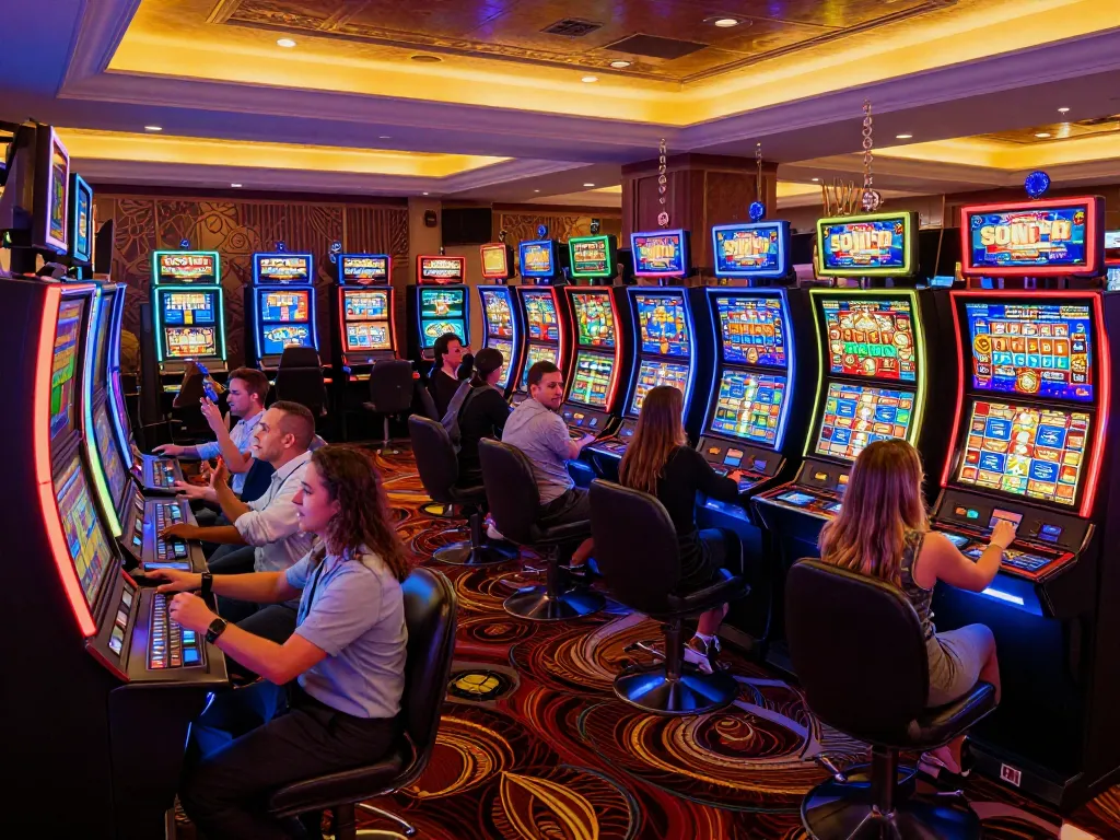 Engaging scene of players celebrating wins at TR88 slot machines, showcasing excitement in a vibrant casino atmosphere