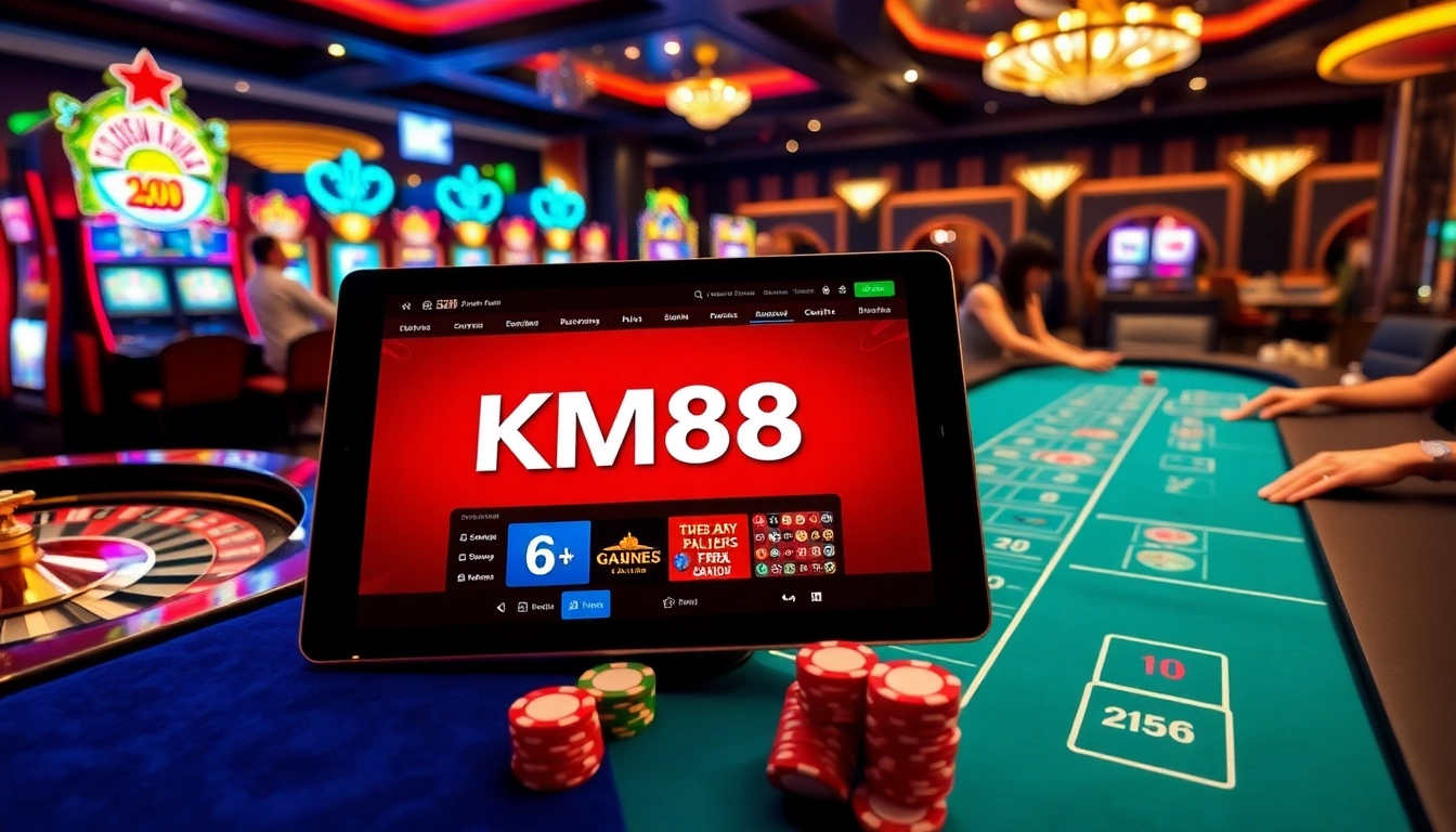 Players engaging with the KM88 online casino while enjoying vibrant poker and slot games.