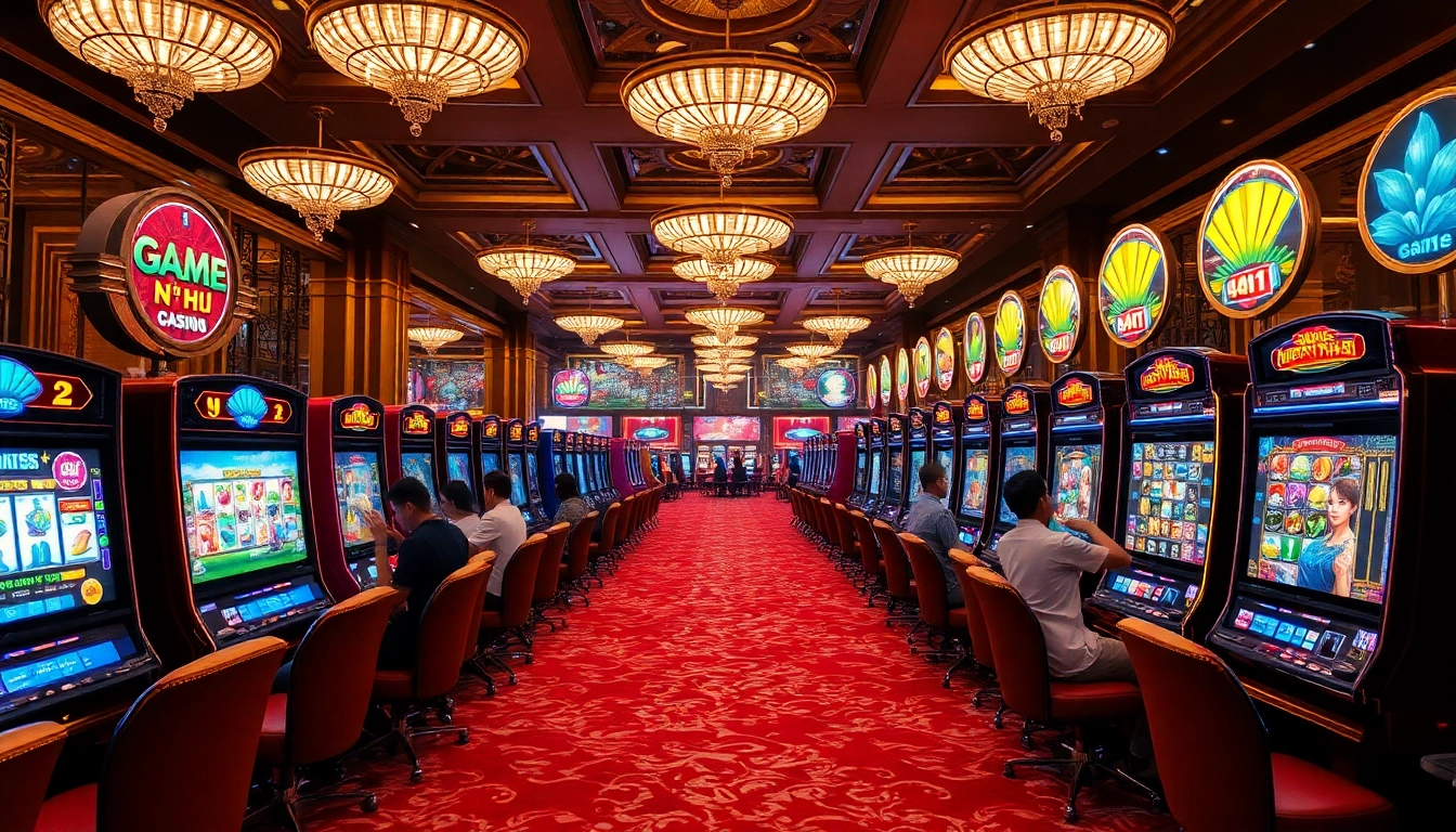 Experience the thrill of Game Nổ Hũ at a luxurious casino with vibrant slot machines and excited players.