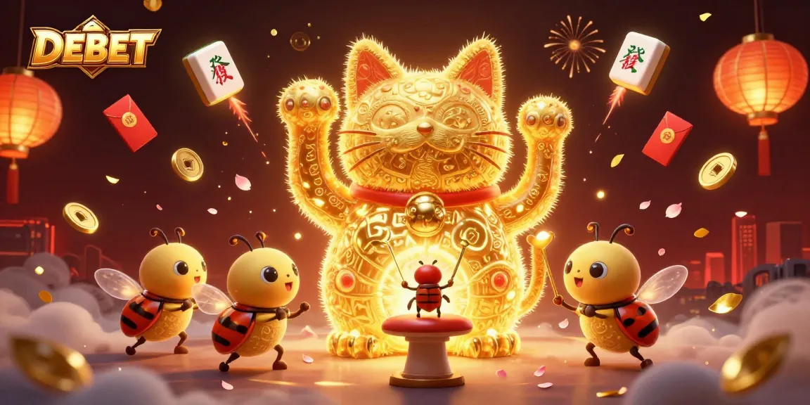 Engage with DEBET's thrilling gameplay through a dynamic illustration of a lucky cat animated by casino magic.