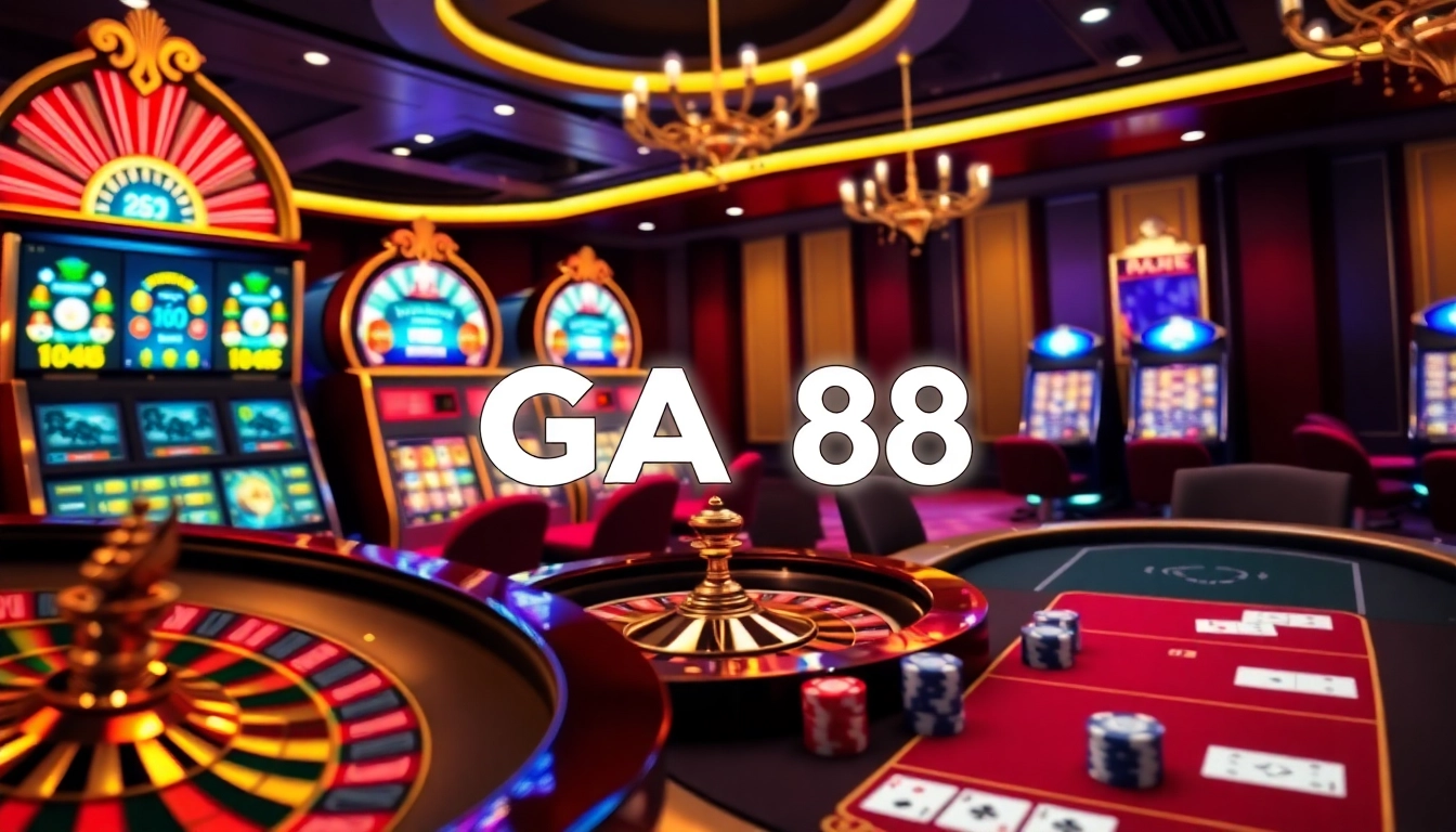 GA 88 logo immersive online gambling scene with poker chips and slot machines.