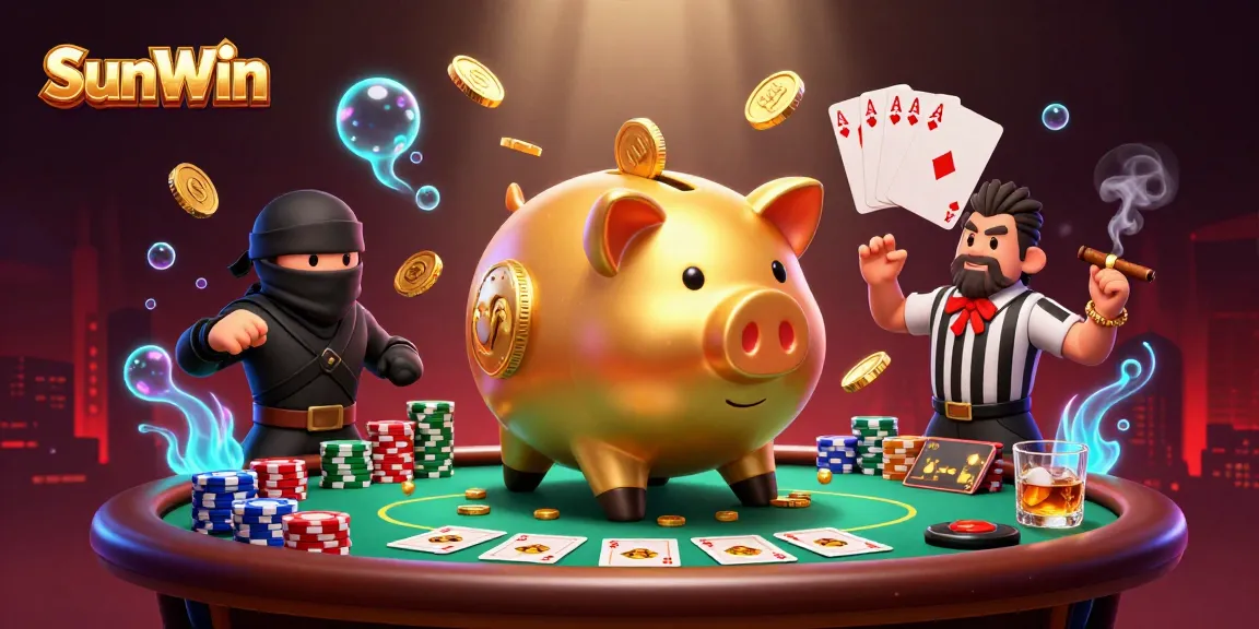Engage in thrilling gaming with SunWin as a sumo wrestler stomps out coins, surrounded by colorful poker elements.