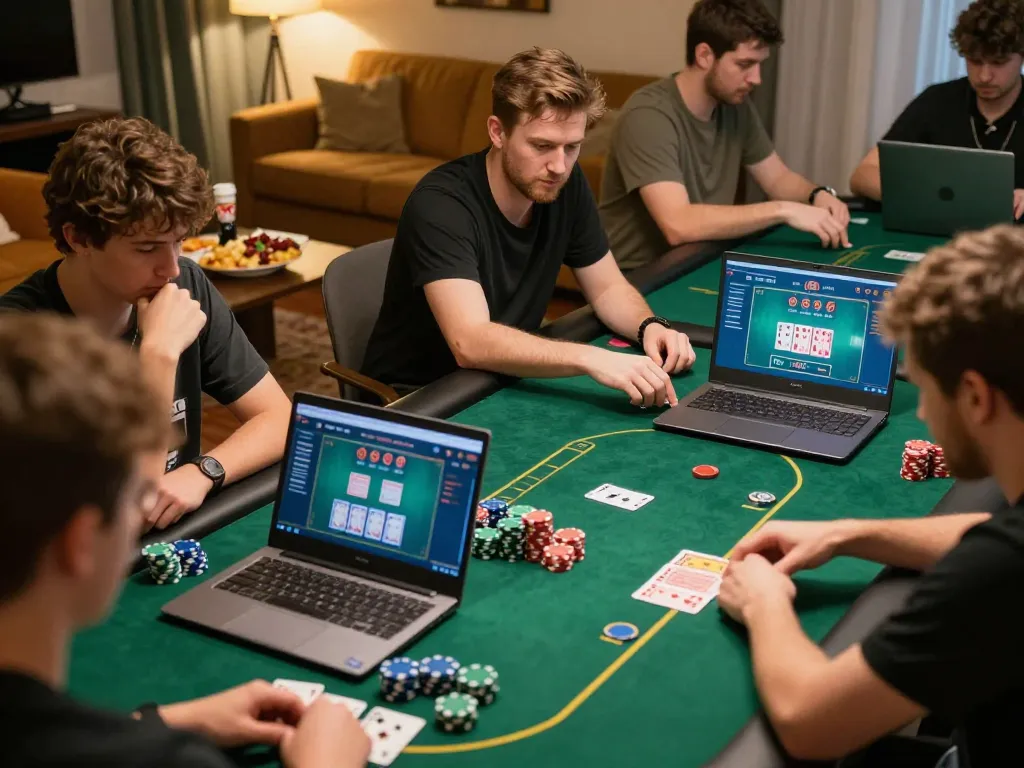 b52 club players engaging in intense online poker gameplay, laptops showing active cards and chip stacks