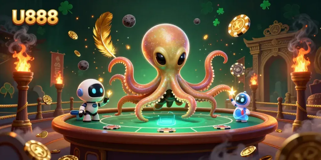 Engage with U888's vibrant alien casino experience featuring a holographic poker table and dynamic characters.