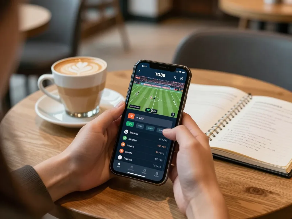 Place bets seamlessly on TG88 đăng nhâp while enjoying coffee at a cafe, showcasing mobile gaming