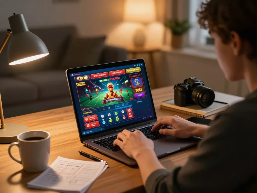 SX88 online gaming setup with a person engaged on a laptop, showcasing the casino betting interface.